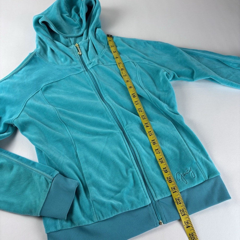 Juicy Couture Teal Velour Zip Up Hoodie Jacket Women's Medium Rhinestone Logo - Picture 8 of 12